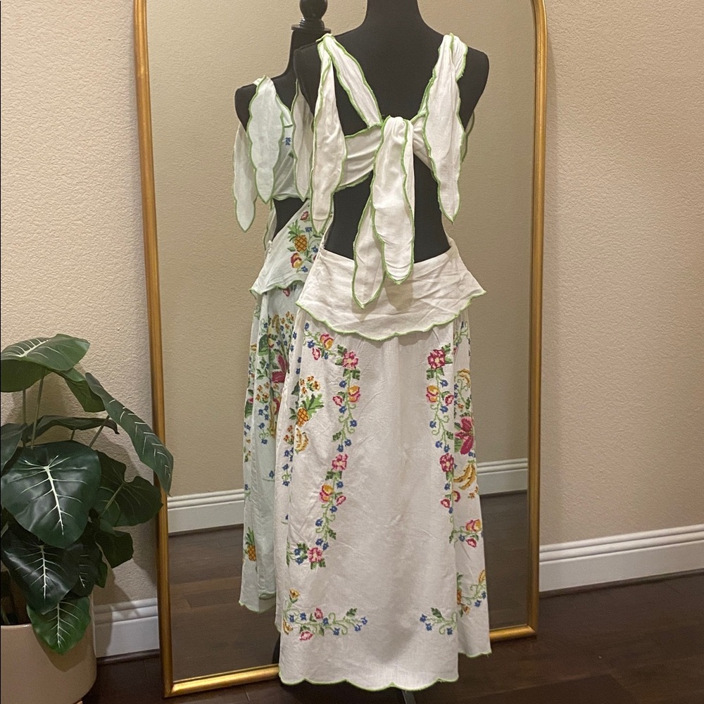 Farm Rio Tropical Romance Floral-embroidered Linen-blend Midi Dress Size XL - Picture 8 of 15